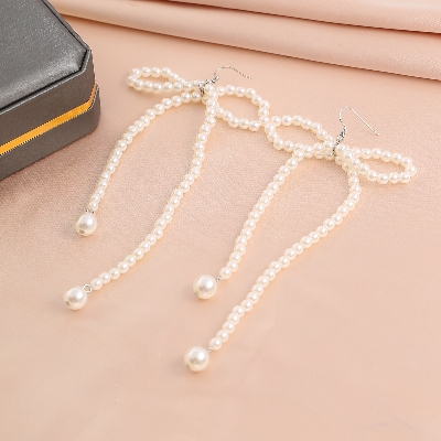 Picture of Elegant Imitation Pearl Bowknot Drop Earrings Korean Beaded Long Tassel Earrings Women's Wedding Bride Jewelry Tenoor Special - Multi