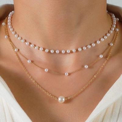 Picture of 3 Layer Pearl Necklace Off White Pearl - Multi