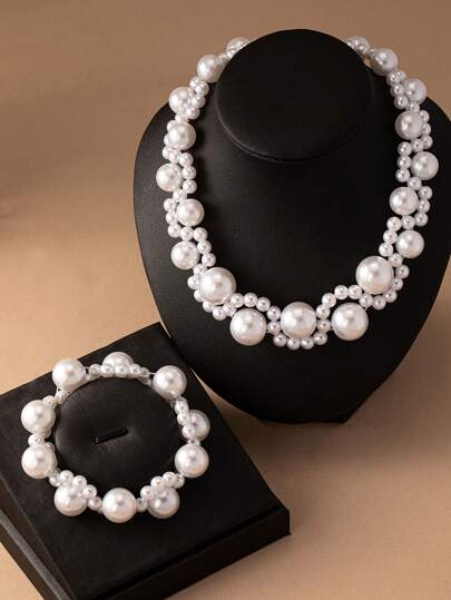 Picture of Elegant Pearl Necklace And Bracelet Set Suitable For Women To Wear On Wedding Season, Party, Mother's Day As Gift To Mom. - Multi