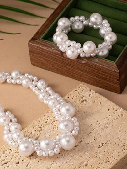 Picture of Elegant Pearl Necklace And Bracelet Set Suitable For Women To Wear On Wedding Season, Party, Mother's Day As Gift To Mom. - Multi