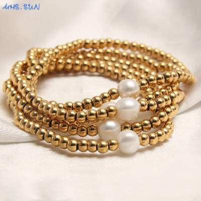 Picture of 5 PCS Elastic Rope Bracelet Pearl Round Beads Bracelets Golden Plated For Women Jewelry Banquet Party Gifts Tenoor Special - Multi