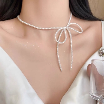 Picture of New Sweet Elegant Pearl Bow Necklace for Women Long Tassel Pendant Necklace for Women and girls White Pearl Simple Jewelry set  Gift Tenoor Special - Multi