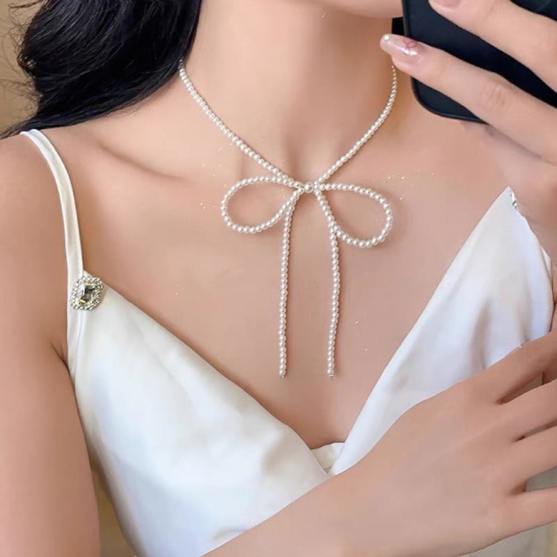 Picture of New Sweet Elegant Pearl Bow Necklace for Women Long Tassel Pendant Necklace for Women and girls White Pearl Simple Jewelry set  Gift Tenoor Special - Multi
