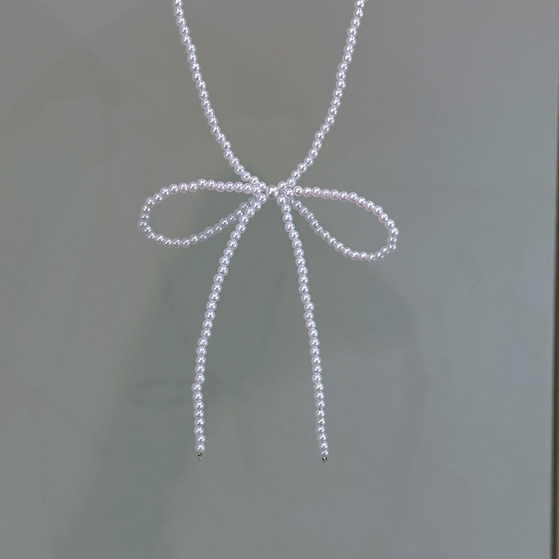 Picture of New Sweet Elegant Pearl Bow Necklace for Women Long Tassel Pendant Necklace for Women and girls White Pearl Simple Jewelry set  Gift Tenoor Special - Multi