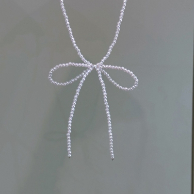 Picture of New Sweet Elegant Pearl Bow Necklace for Women Long Tassel Pendant Necklace for Women and girls White Pearl Simple Jewelry set  Gift Tenoor Special - Multi