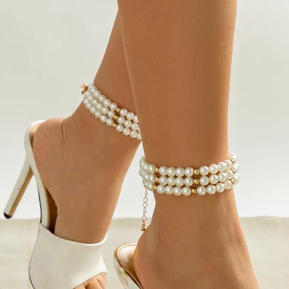 Picture of (1 Pair) Three Layer Pearl Leg Anklet Payel Jewelry Ladies Fashion Tenoor - Multi