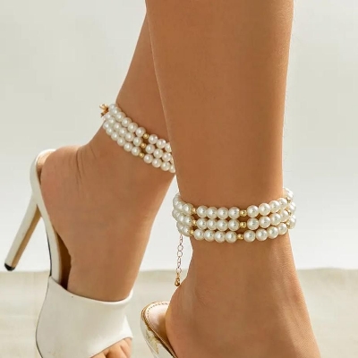 Picture of (1 Pair) Three Layer Pearl Leg Anklet Payel Jewelry Ladies Fashion Tenoor - Multi