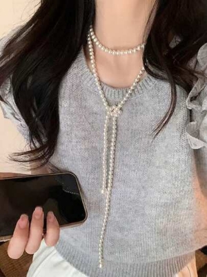 Picture of Stacking Vintage French Style Round Pearl Long Necklace, Versatile Luxury Minimalist Design Sweater Chain For Autumn/Winter Tenoor Special - Multi