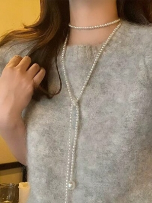 Picture of Stacking Vintage French Style Round Pearl Long Necklace, Versatile Luxury Minimalist Design Sweater Chain For Autumn/Winter Tenoor Special - Multi