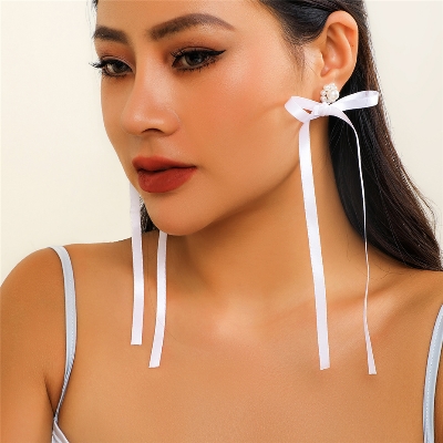 Picture of Salircon Korean Elegant White Ribbon Drop Earrings Fashion Charm Imitation Pearl Earrings Women's Romantic Wedding Party Jewelry Tenoor Special - Multi