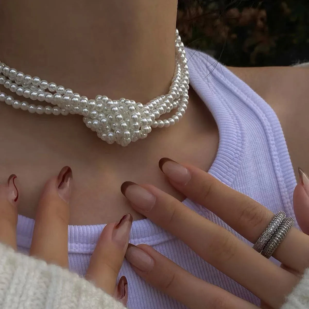 Picture of Multi-Layer White Imitation Pearl Necklace Bead Chain Punk Ladies Wedding Short Clavicle Necklacs Girl Charm Banquet Jewelry Tenoor Special - Multi