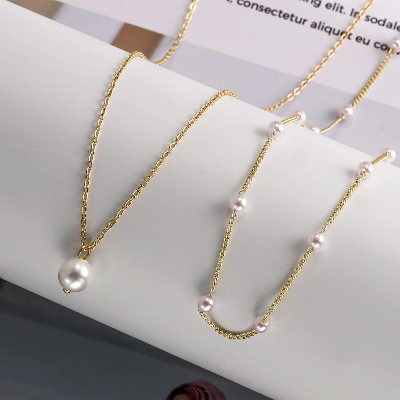 Picture of Pearl Necklace for Women, Layered Pearl Necklaces for Women Trendy Simple Herringbone Chain Pearl Necklace for Women Jewelry Gifts Tenoor Special - Multi