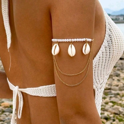 Picture of 1pc Beach Shell Multilayer Alloy Chain Necklace With Mixed Pearl, Shell, Eye & Starfish Pendants - Multicolor