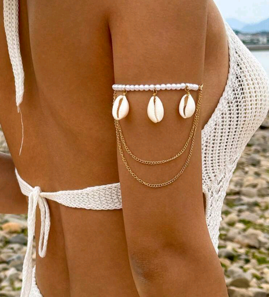 Picture of 1pc Beach Shell Multilayer Alloy Chain Necklace With Mixed Pearl, Shell, Eye & Starfish Pendants - Multicolor