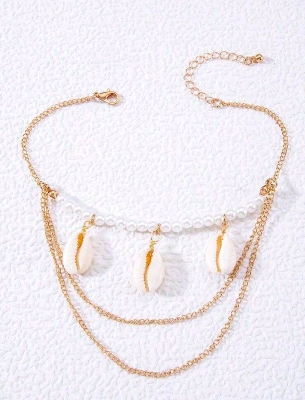 Picture of 1pc Beach Shell Multilayer Alloy Chain Necklace With Mixed Pearl, Shell, Eye & Starfish Pendants - Multicolor