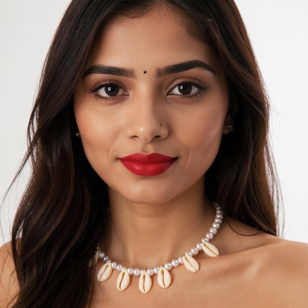 Picture of Sea Shell Pearl Necklace For Saree Dress Modern Jewellery Bridal Dress - White