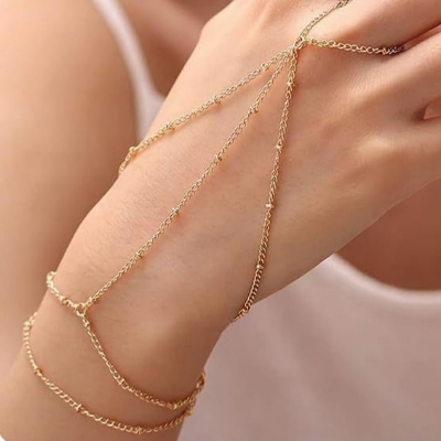 Picture of Simple Design Pearl Chain Finger Ring Bracelet Boho Jewellery FOR women - Gold