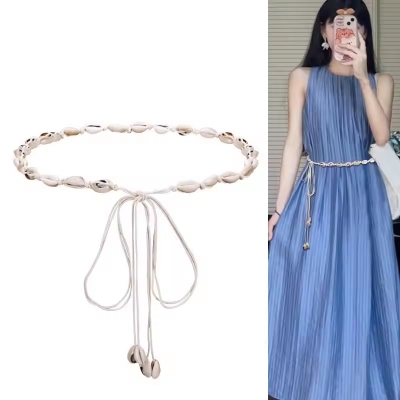 Picture of 170 cm Women's Bohemian Ethnic Style White Shell Thin Waist Belt Summer Accessory Decorative Straps Lady Dress and Woven Waistband Ropes - Off White