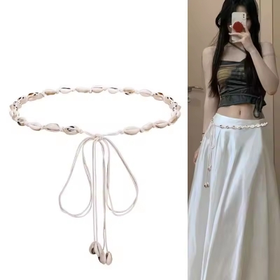 Picture of 170 cm Women's Bohemian Ethnic Style White Shell Thin Waist Belt Summer Accessory Decorative Straps Lady Dress and Woven Waistband Ropes - Off White