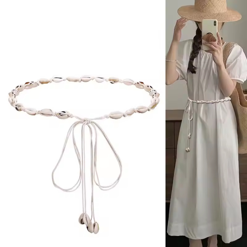 Picture of 170 cm Women's Bohemian Ethnic Style White Shell Thin Waist Belt Summer Accessory Decorative Straps Lady Dress and Woven Waistband Ropes - Off White
