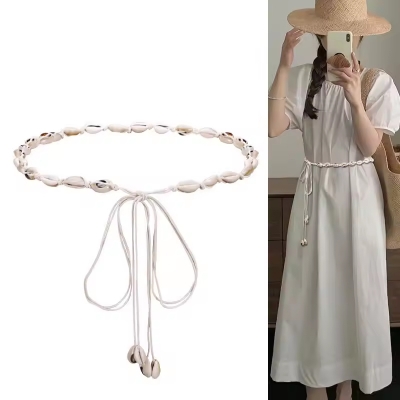 Picture of 170 cm Women's Bohemian Ethnic Style White Shell Thin Waist Belt Summer Accessory Decorative Straps Lady Dress and Woven Waistband Ropes - Off White