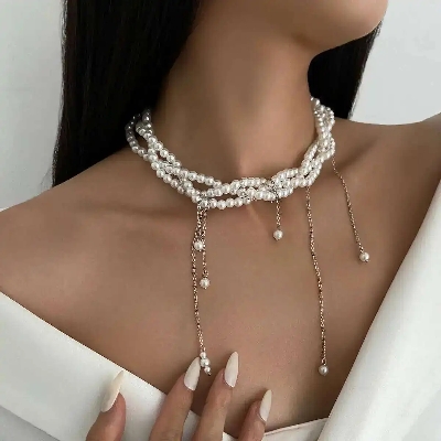 Picture of Salircon New Elegant Multilayer Imitation Pearl Necklace Women Vintage Short Tassel Necklace Party Wedding Fashion Jewelry Gifts - Off White