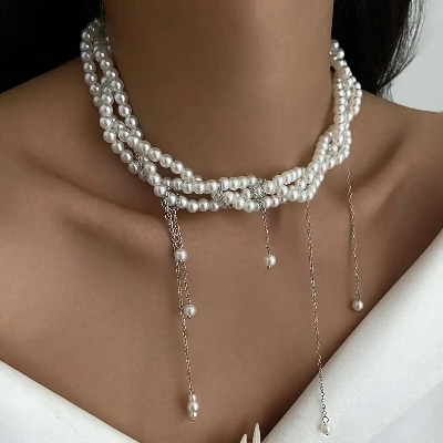 Picture of Salircon New Elegant Multilayer Imitation Pearl Necklace Women Vintage Short Tassel Necklace Party Wedding Fashion Jewelry Gifts - Off White