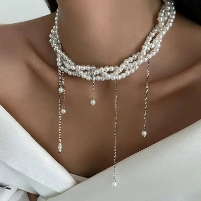 Picture of Salircon New Elegant Multilayer Imitation Pearl Necklace Women Vintage Short Tassel Necklace Party Wedding Fashion Jewelry Gifts - Off White