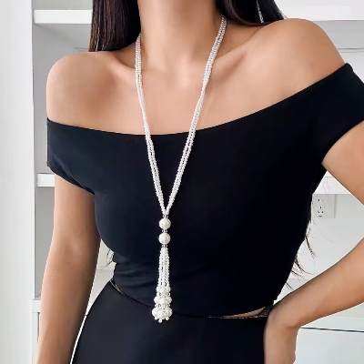 Picture of Retro Temperament Double-layer Imitation Pearl Beading Tassel Long Necklace for Women Fashion Clothing Accessories Jewelry Gift - Multicolor