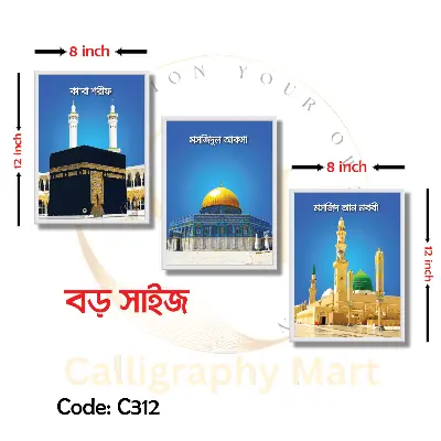Picture of 3 pcs 12x8 inch  Makka, Madina, Al aqsa Combo Wallmate set for Home Decoration & Office Multicolor