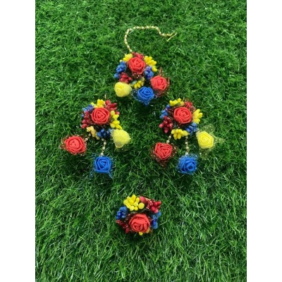 Picture of Artificial Flower Jewellery NecklaceChokar Bicha(Komor Bicha) Earrings Bracelet With Fingeer Ring Tikli Bridal/Holud/Boishakh Fashion For Women - Multicolor