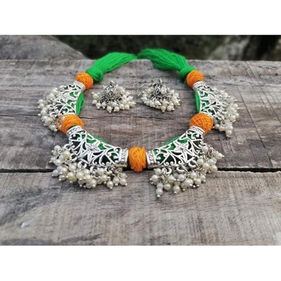 Picture of Jaypuri Traditional Antique Oxidised Choker Necklace Jewellery Set - Multicolor