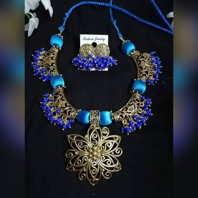 Picture of Jaypuri Traditional Antique Oxidised Choker Necklace Jewellery Set - Multicolor