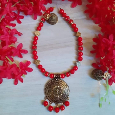 Picture of Gorgeous Party Wear Antique Silver locket Pendant Necklace / Chain Necklace / Choker Necklace for Women / Jewelry set for women Necklace - Multicolor