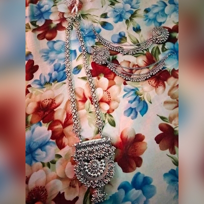 Picture of Gorgeous Party Wear Antique Silver locket Pendant Necklace / Chain Necklace / Choker Necklace for Women / Jewelry set for women Necklace - Multicolor