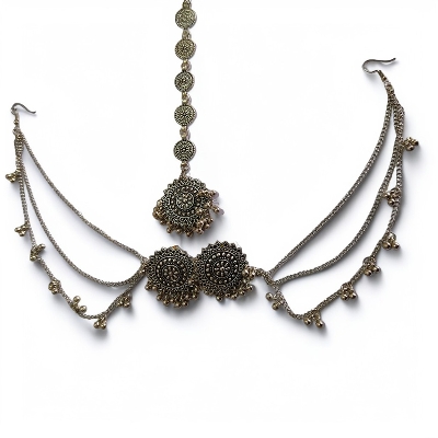 Picture of Antics Jewelry Set for Women Necklace Earrings Maangtikka Golden Metal Fashion Accessory for Special Occasions - Multicolor