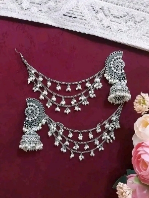 Picture of Gorgeous party wear antique silver necklace and earring set for girls and woman. - Silver