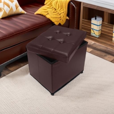 Picture of AmasSmile Storage Ottoman Folding Foot Rest Stool, Leather Footstool Bench, Short Ottoman Stool, Storage Foot Rest Store, Books (17" D x 13" W x 13" H)