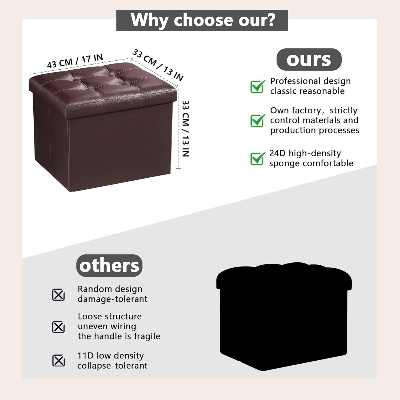 Picture of AmasSmile Storage Ottoman Folding Foot Rest Stool, Leather Footstool Bench, Short Ottoman Stool, Storage Foot Rest Store, Books (17" D x 13" W x 13" H)