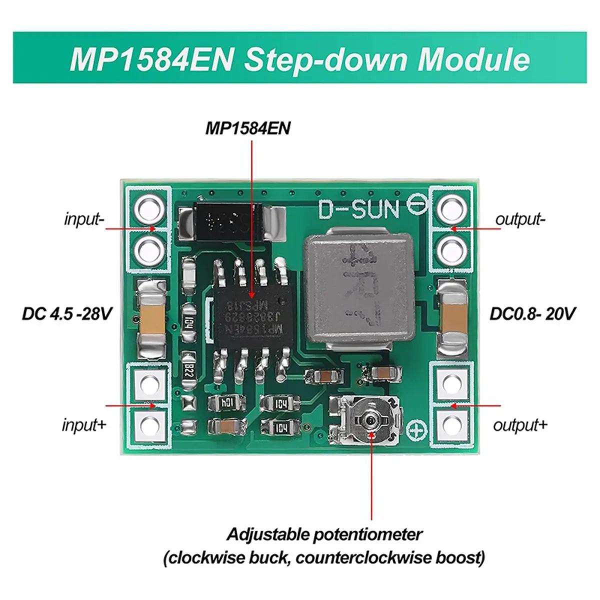 Picture of Mini DC-DC Buck Converter MP1584EN Adjustable Supply Module 24V to 12V 9V 5V 3V Reduced Voltage Regulator(Green)