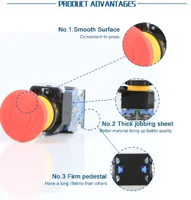 Picture of LA38 Emergency Push Button with Red Mushroom Head - Industrial Safety Stop Switch, 22mm Mounting Hole, 1NO1NC Contacts(Red)