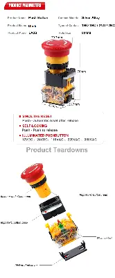 Picture of LA38 Emergency Push Button with Red Mushroom Head - Industrial Safety Stop Switch, 22mm Mounting Hole, 1NO1NC Contacts(Red)