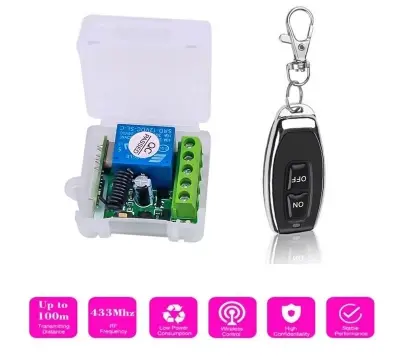 Picture of 433 MHz Wireless Remote Control Switch | 12V DC 1-Channel Relay Receiver Module & On/Off Remote(Black)