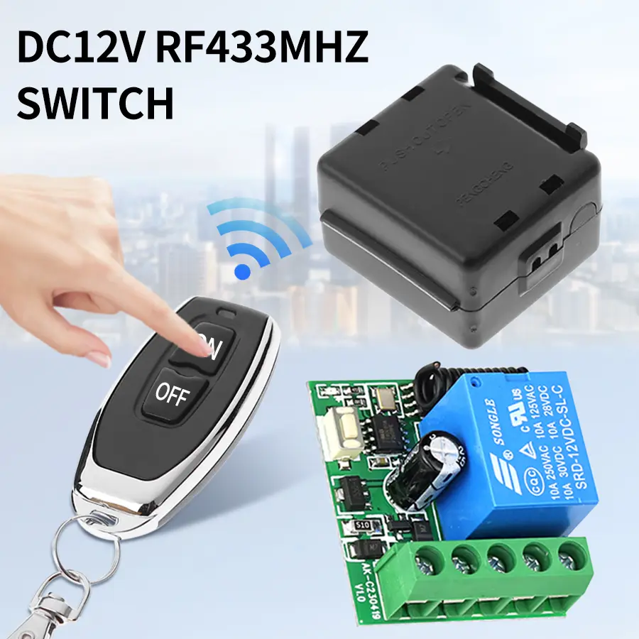 Picture of 433 MHz Wireless Remote Control Switch | 12V DC 1-Channel Relay Receiver Module & On/Off Remote(Black)