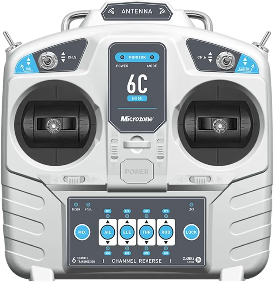 Picture of MicroZone MC6C Mini V2 – 2.4GHz 6CH Controller & Receiver Radio System for RC Airplanes, Drones, Multirotor Helicopters, and Boats(Grey)