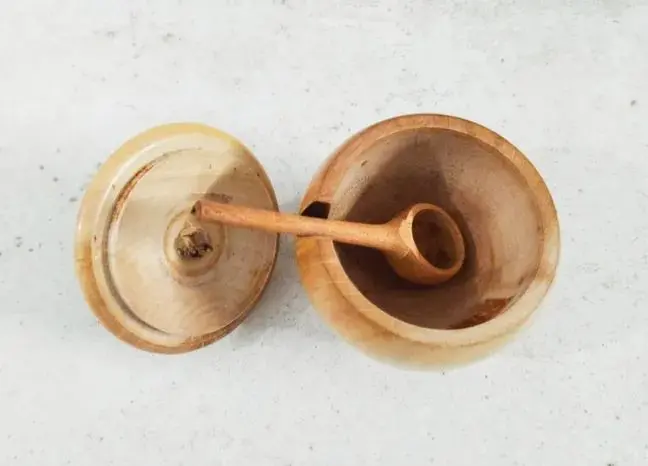 Picture of Hand Made Wooden Salt Pot with Spoon and cover - 1 pcs - Multicolor