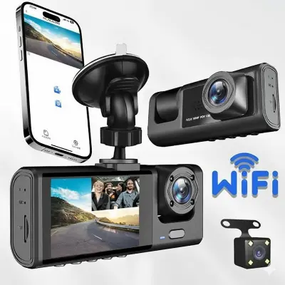 Picture of 3 Lens Car Dash Camera with WiFi & Night Vision – Front, Inside, Rear Recording(Black)