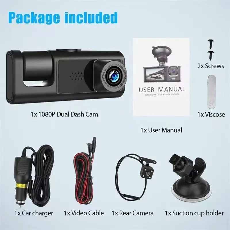 Picture of 3 Lens Car Dash Camera with WiFi & Night Vision – Front, Inside, Rear Recording(Black)
