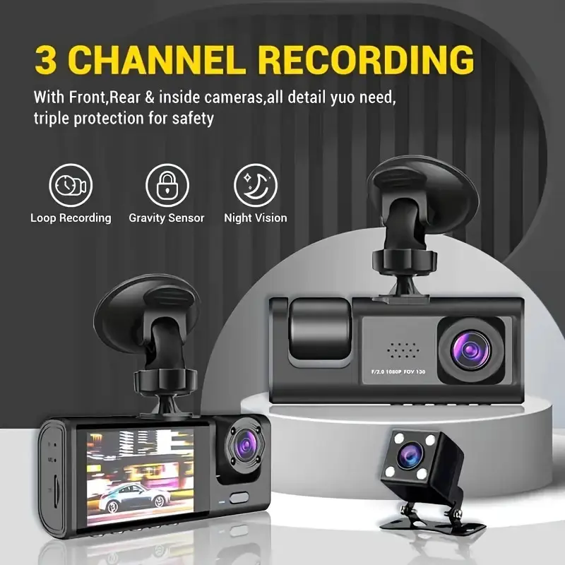 Picture of 3 Lens Car Dash Camera with WiFi & Night Vision – Front, Inside, Rear Recording(Black)