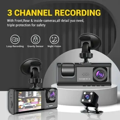 Picture of 3 Lens Car Dash Camera with WiFi & Night Vision – Front, Inside, Rear Recording(Black)